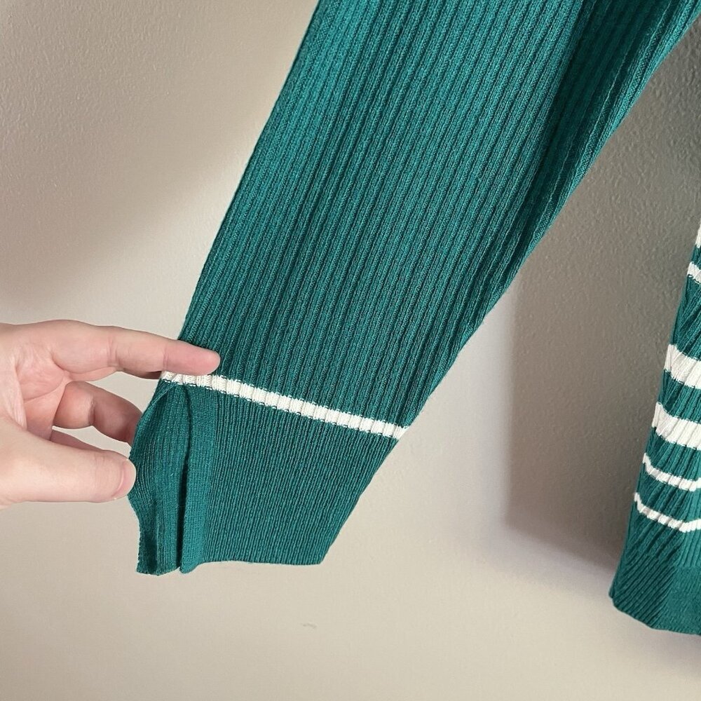 Chicos Sz 2 US L Bright Jade Coastal Asymmetrical Hem Striped Tunic Sweater - Picture 7 of 12